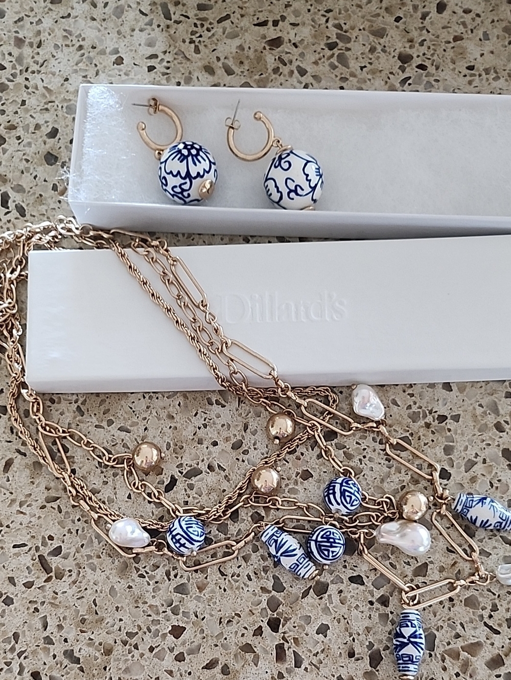 Blue & White Porcelain Bead Necklace and Hoop Earrings Set